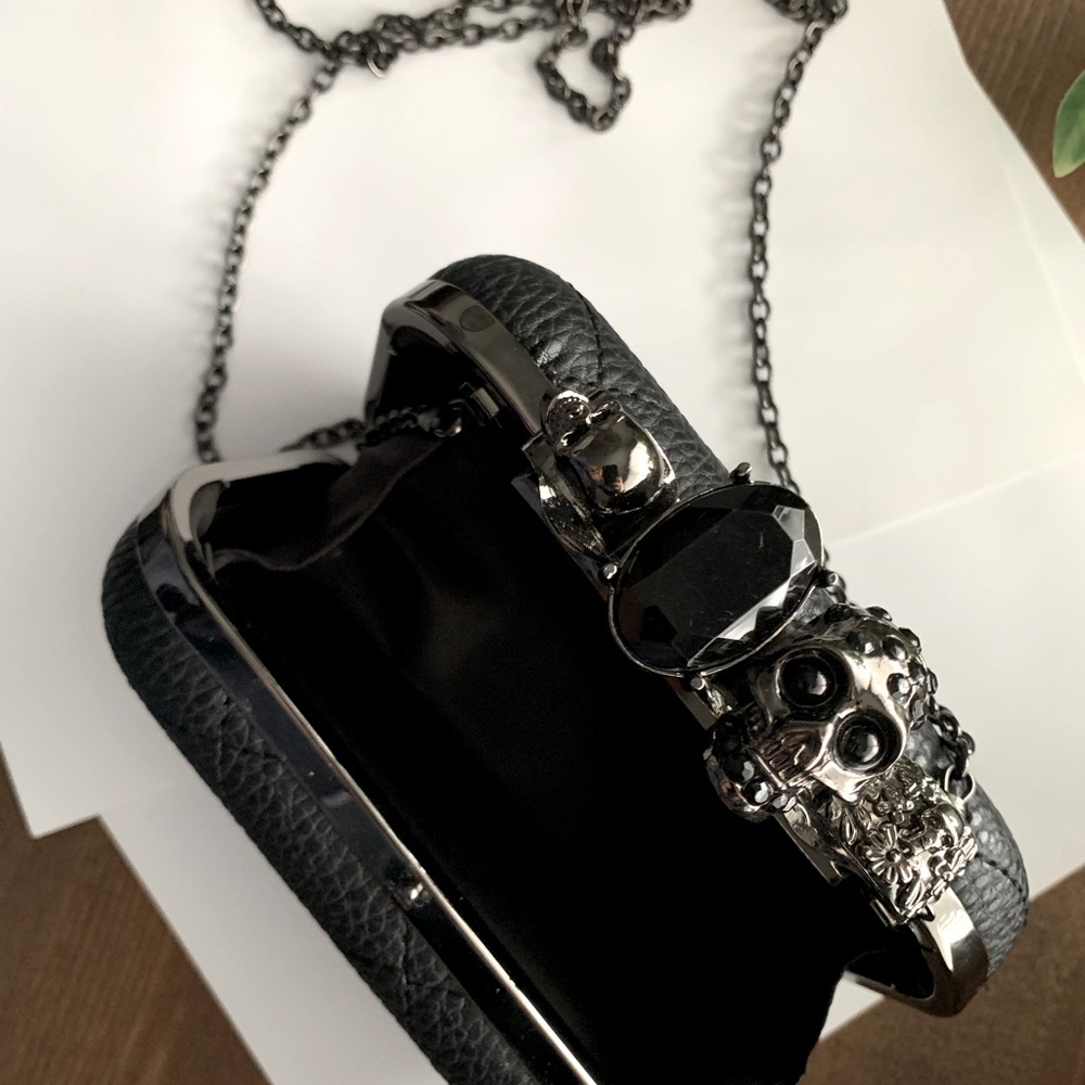 Skull Knuckle Clutch, Black, Black Stitching, Black Gems, Metal with Black Gems